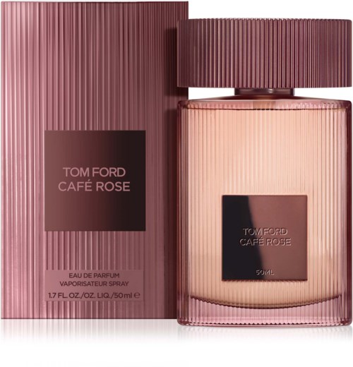 Een roze parfumfles met bijpassend doosje, met label 'Tom Ford Café Rose.' Met geribbelde dop en modern ontwerp.