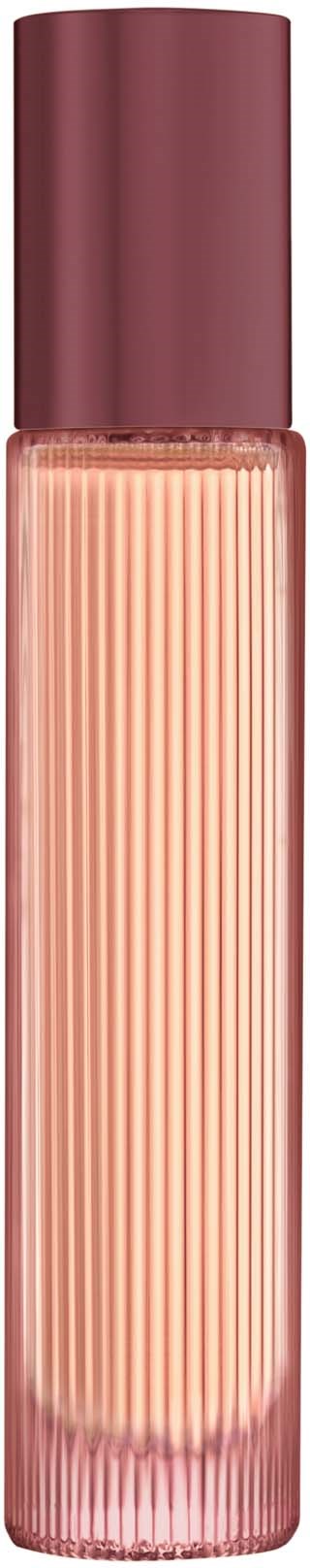 Een lange, cilindervormige fles met een bordeauxrode dop en gestreept roze lichaam, waarschijnlijk een parfum- of cosmeticafles.