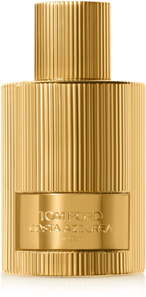 Goudkleurige parfumfles met verticale ribbels en bijpassende dop, gemarkeerd "TOM FORD COSTA AZURE".