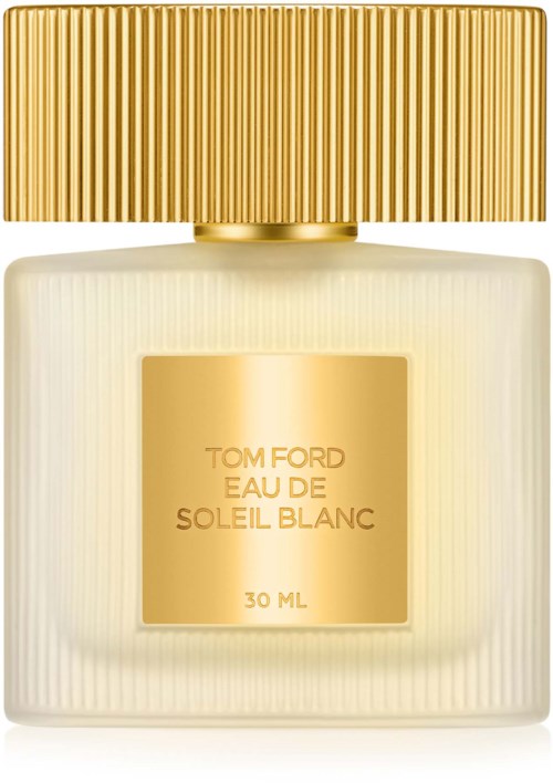 Een witte parfumfles met gouden dop en label, waarop 'Tom Ford Eau de Soleil Blanc' staat, 30 ml.
