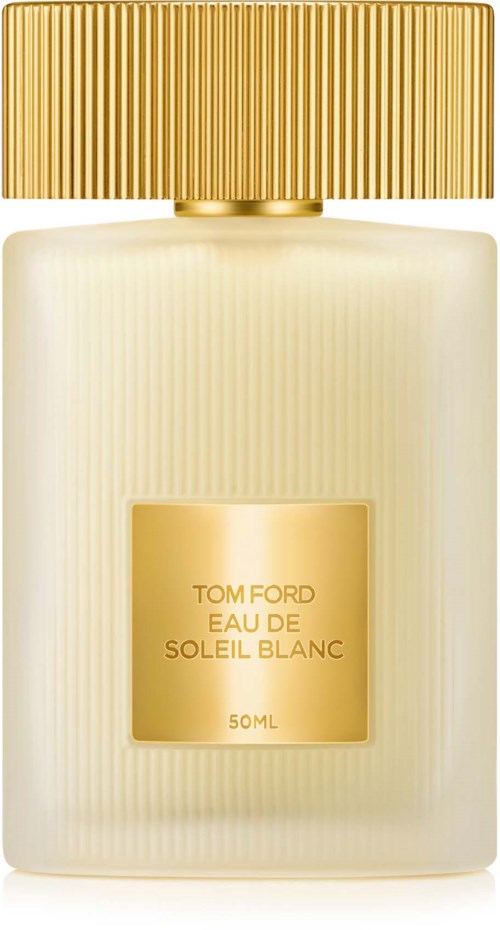 Eine weiße Parfümflasche mit goldener Kappe und Etikett, beschriftet 'Tom Ford Eau de Soleil Blanc,' 50ml.