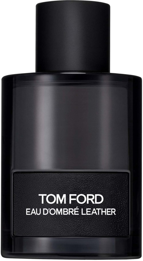 Een zwarte fles met een label die zegt Tom Ford Eau d'Ombre Leather, simpel en stijlvol ontwerp.