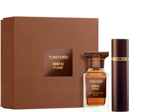 A perfume set with a brown box, a perfume bottle, and a cylindrical container, all labeled Tom Ford Ébène Fumé.