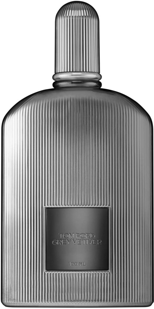 A sleek, silver perfume bottle with vertical ridges and a rounded cap.