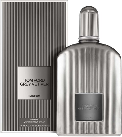 A grey perfume bottle and box, both with vertical lines, labeled Tom Ford Grey Vetiver, 100 ml.