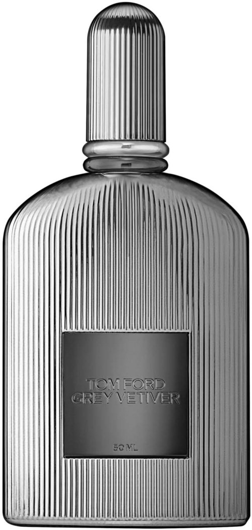 Een zilveren parfumfles met geribbelde structuur en een rechthoekig label. Het heeft een ronde dop en Tom Ford is zichtbaar.