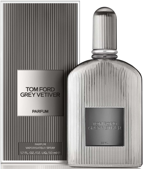 Een parfumfles en doos met verticale lijnen, labeled 'Tom Ford Grey Vetiver,' in zwart-wit.