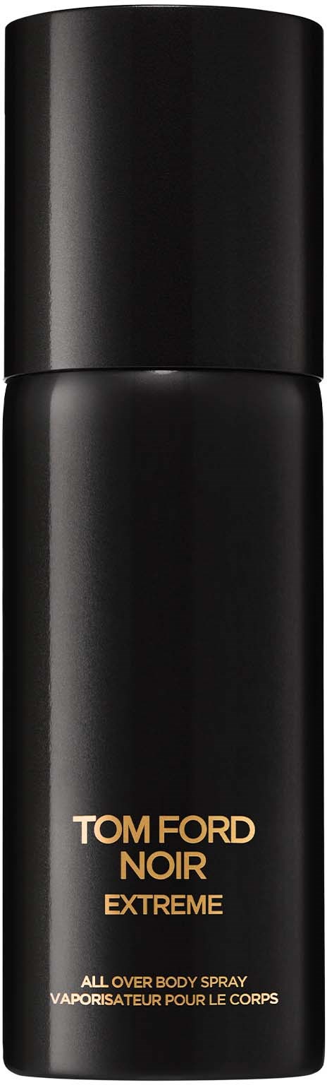 Een zwart sprayflesje met label 'Tom Ford Noir Extreme' voor lichaam.