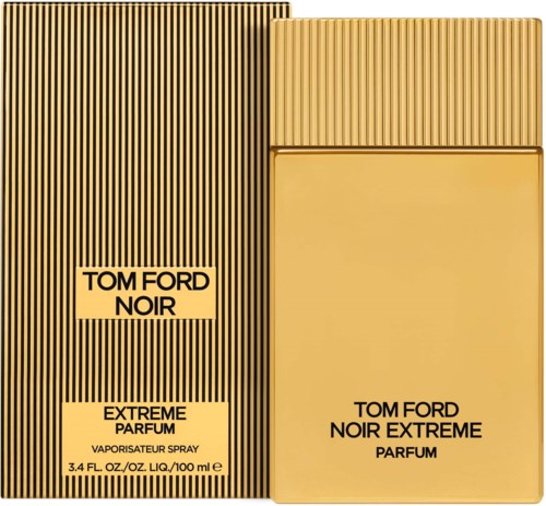 Goudkleurige parfumverpakking met zwarte strepen en tekst, gemarkeerd Tom Ford Noir Extreme.