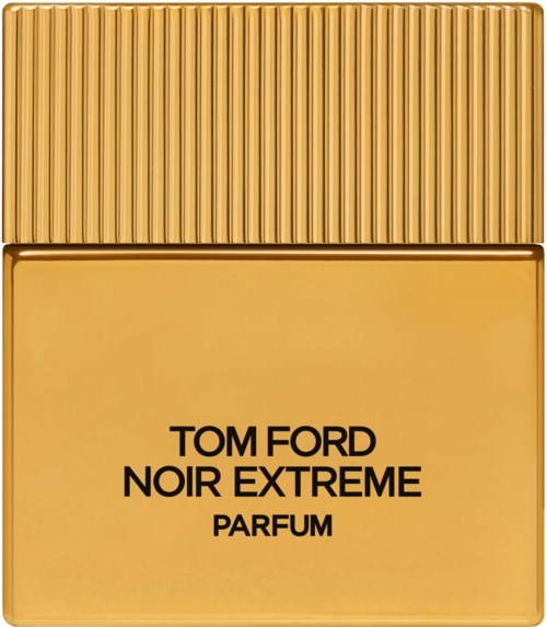 Een gouden parfumfles met zwarte tekst die 'Tom Ford Noir Extreme Parfum' zegt.