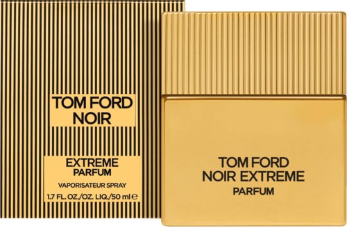 Een goudkleurige parfumdoos en fles met zwarte strepen, gelabeld "Tom Ford Noir Extreme Parfum."