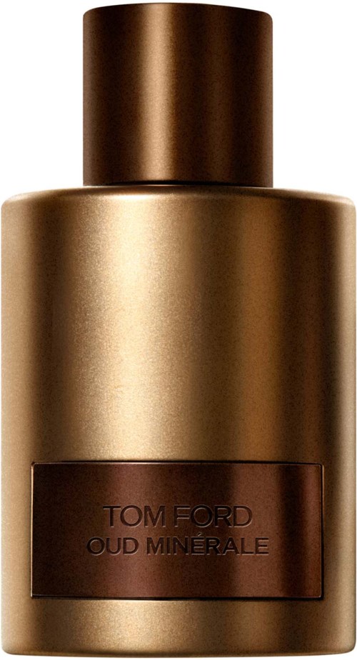 Een goudkleurige fles met Tom Ford Oud Minerale parfum, met bruine dop en label.