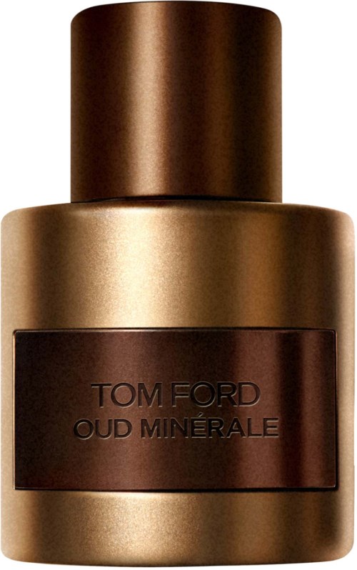Een bruin en goudkleurige parfumfles met label "Tom Ford Oud Minérale". Het heeft een cilindrische vorm met een donkere dop.
