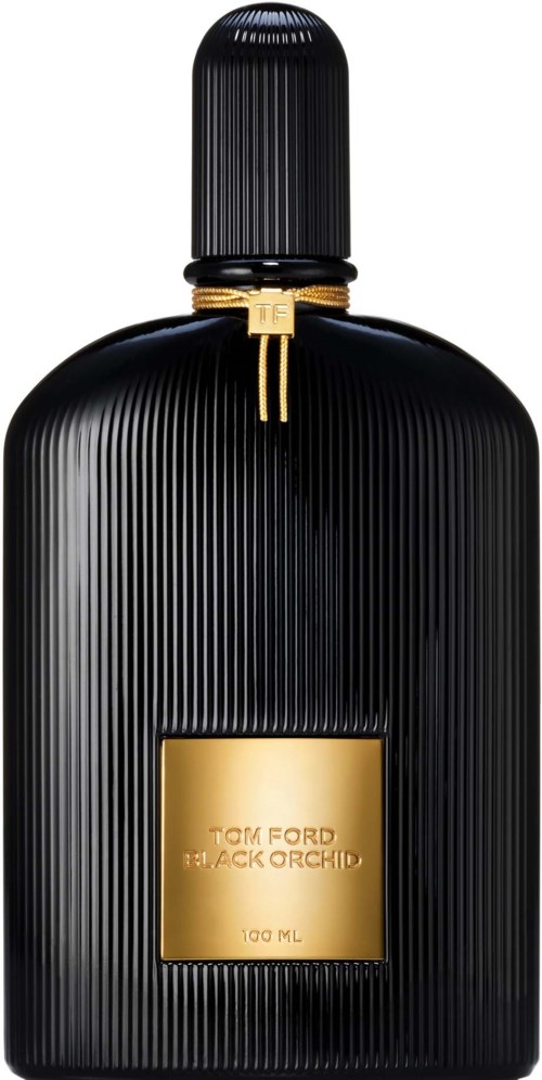 Zwarte parfumfles met gouden label en ribbed ontwerp, met een lange zwarte dop.