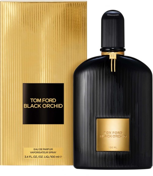 Een parfumfles en doos. De verpakking is goud en zwart met de naam "Tom Ford Black Orchid".