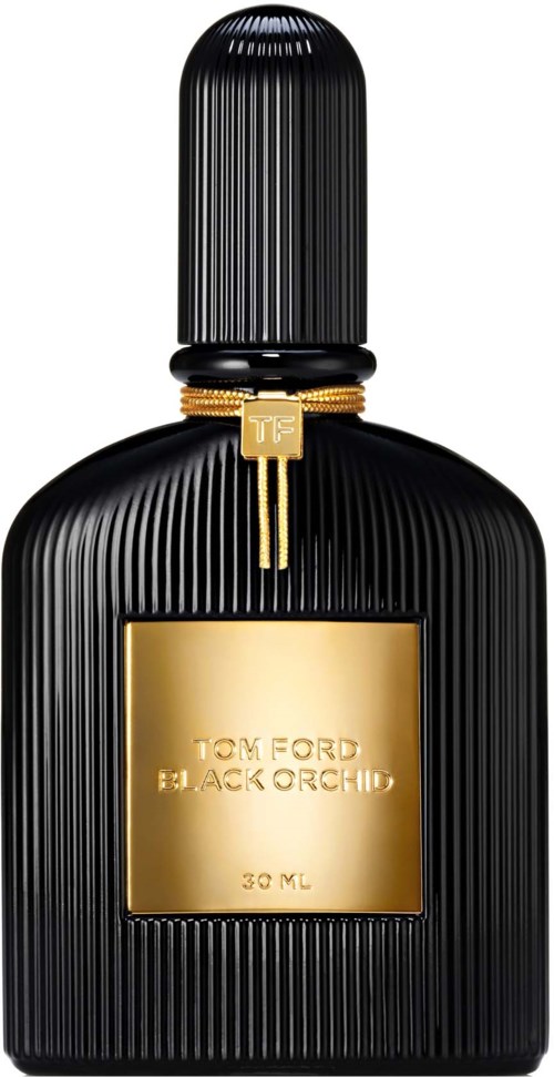 Een zwart en goud parfumfles met verticale lijnen, een ronde dop, en een donker label met 'Tom Ford Black Orchid.'