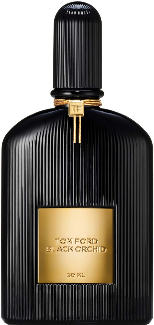Een zwarte fles met verticale ribbels, een gouden label en een zwarte dop. Het is Tom Ford Black Orchid parfum.