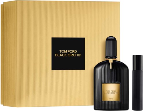 Tom Ford Black Orchid perfume in a black bottle with gold label, next to a gold box.