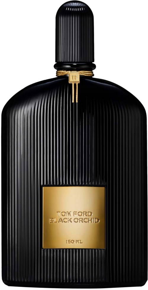 Een zwart parfumflesje met verticale ribbels en een gouden etiket, afgewerkt met een ronde zwarte dop.