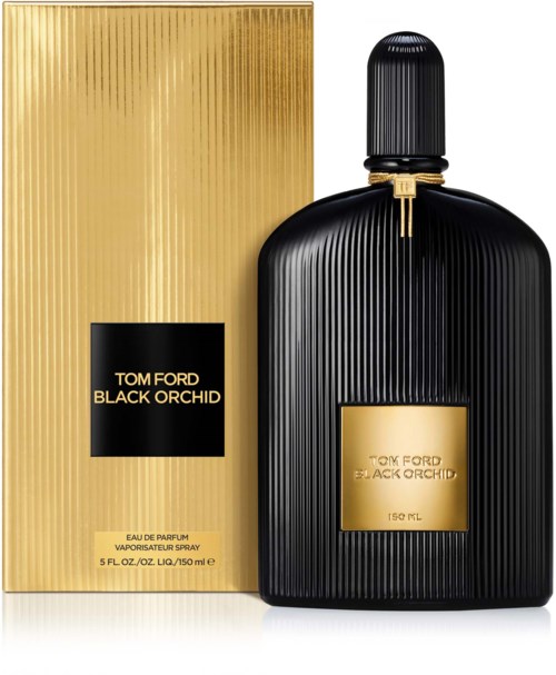Een zwart parfumflesje met een gouden label naast een lange gouden doos, beiden met de tekst Tom Ford Black Orchid.