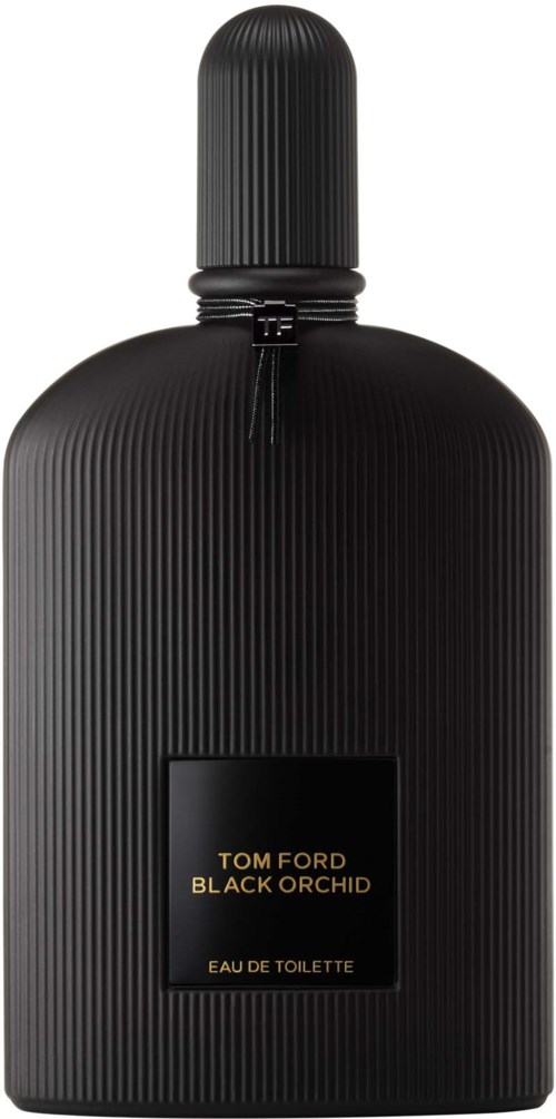 Een zwart parfumfles met verticale lijnen en een label dat zegt Tom Ford Black Orchid Eau de Toilette.