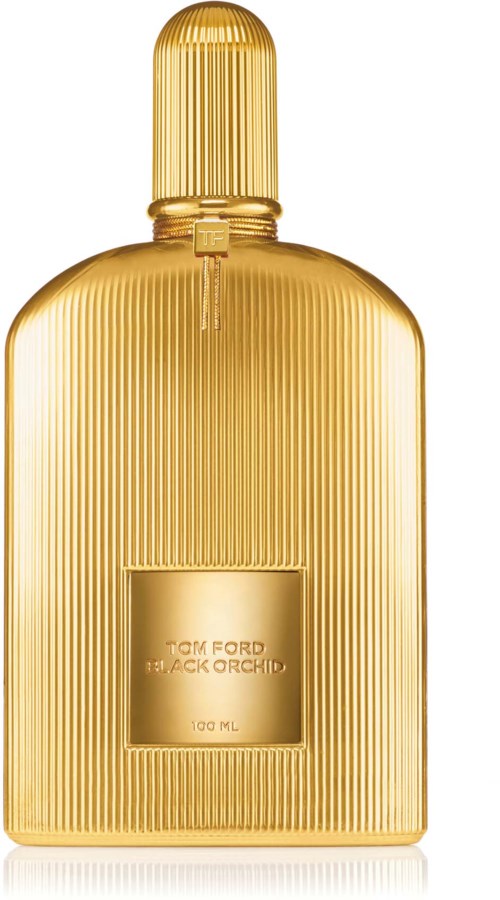 Een gouden parfumfles met geribbelde ontwerp, label zegt 'Tom Ford Black Orchid', 100 ml.