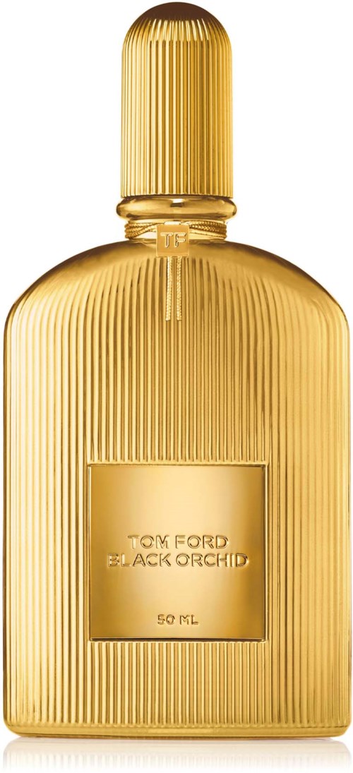 Een goudkleurige parfumfles met een geribbelde ontwerp en etiket die zegt 'Tom Ford Black Orchid, 50 ml.'
