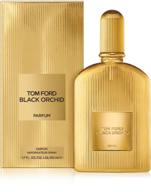 Een gouden fles en doos voor Tom Ford Black Orchid parfum, met verticale strepen en eenvoudig labelontwerp.