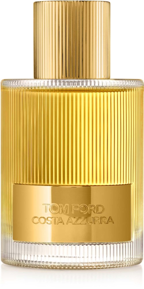 Een parfumfles met een goudkleurige geribbelde dop en label, doorzichtige onderkant toont de parfum.