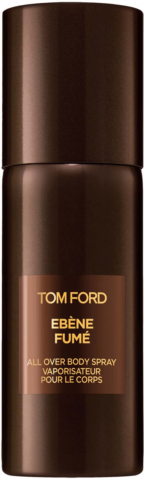 A dark brown spray bottle with gold label, named Tom Ford Ebène Fumé, for body fragrance.