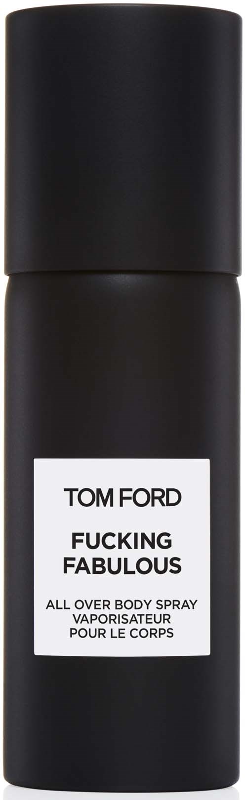 A black body spray bottle with a label that says "TOM FORD FUCKING FABULOUS."