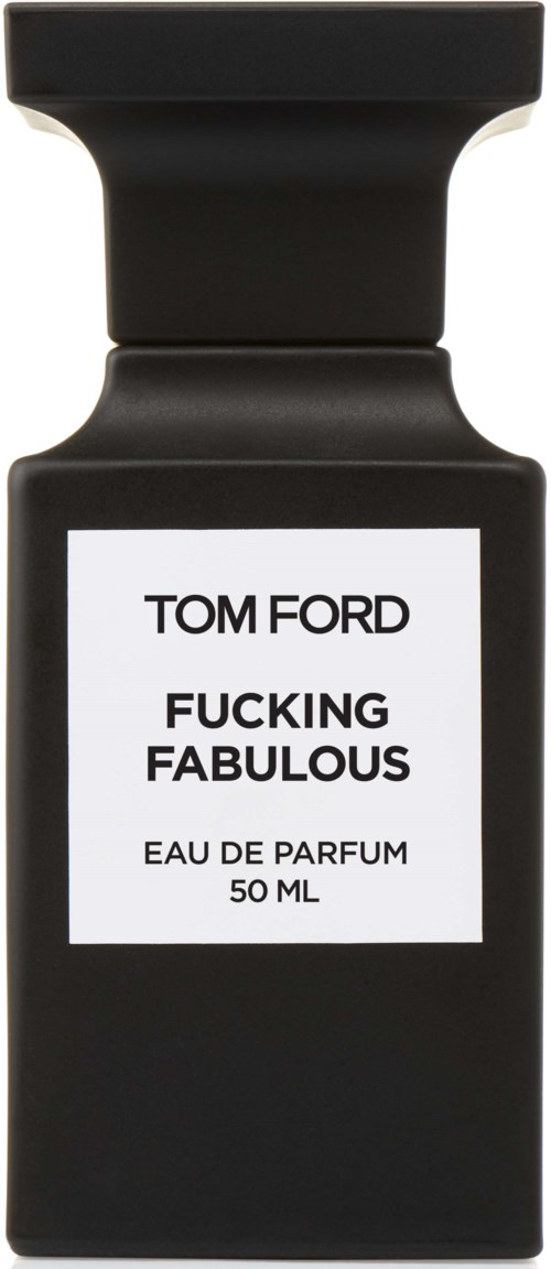 Black perfume bottle with white label, says 'TOM FORD FUCKING FABULOUS' and '50 ML'.