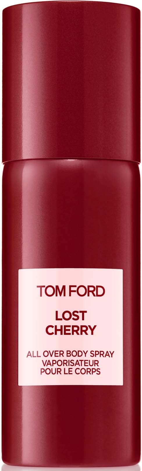 Eine rote Sprayflasche mit Tom Ford Lost Cherry Körperspray vor schwarzem Hintergrund.