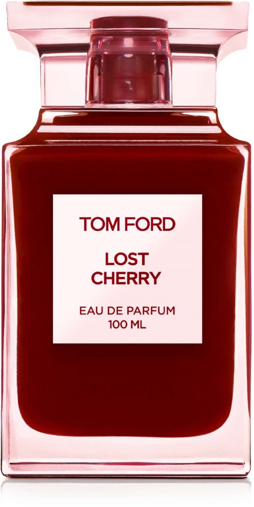 Eine Glasparfümflasche in Pink mit roter Flüssigkeit innen. Auf dem Etikett steht: Tom Ford Lost Cherry, 100 ml.