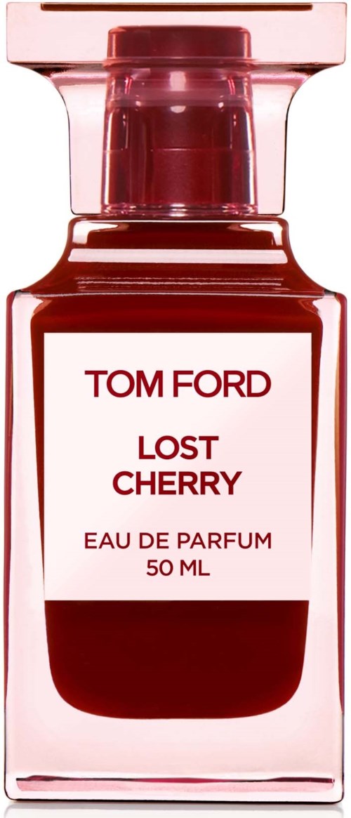 A pink perfume bottle with a label for Tom Ford Lost Cherry, 50 ml, eau de parfum, elegant and simple design.