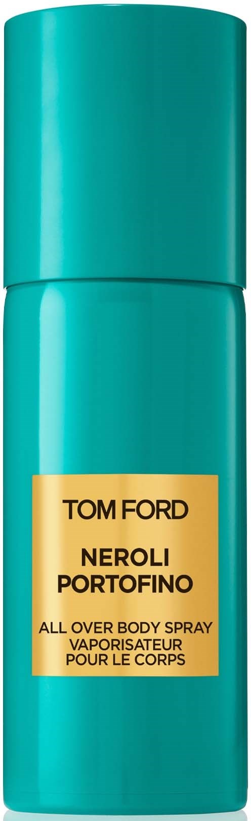 A turquoise body spray bottle with a gold label reading 'Tom Ford Neroli Portofino'.