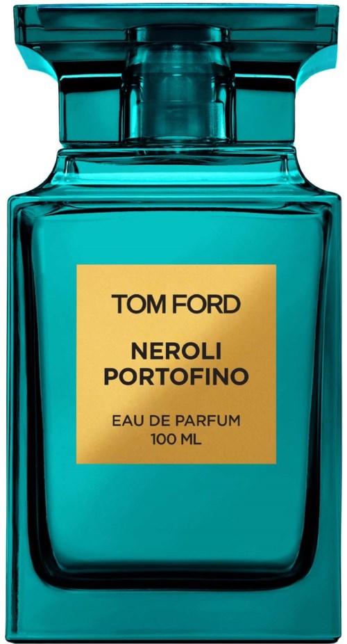 Turkoosi hajuvetipullo, jossa on kultainen etiketti, lukee Tom Ford Neroli Portofino, Eau de Parfum, 100 ML.