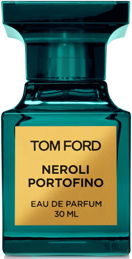 Vihreä clear perfume pullo keltaisella etiketeillä, merkitty 'Tom Ford Neroli Portofino, Eau de Parfum, 30 ml'.