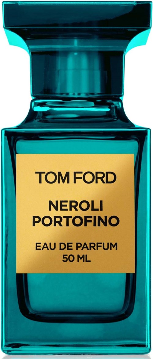 A blue perfume bottle with a yellow label saying "Tom Ford Neroli Portofino Eau de Parfum 50 ml."