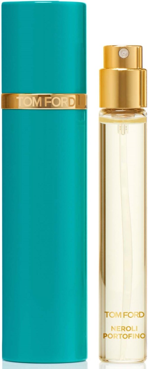 A perfume bottle with a turquoise case and gold accents, labeled Tom Ford Neroli Portofino.