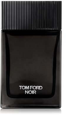 Een zwarte glazen flesje met Tom Ford Noir parfum, met een glanzend, strak ontwerp en zilverkleurige dop.