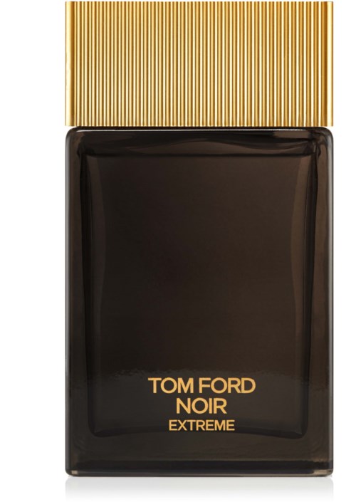 Een parfumfles met zwarte body en goudgestreepte dop, gelabeld 'Tom Ford Noir Extreme.'