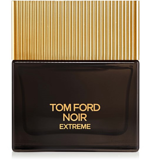 Een zwarte parfumfles met gouden tekst 'Tom Ford Noir Extreme' en een goudgestreepte dop.