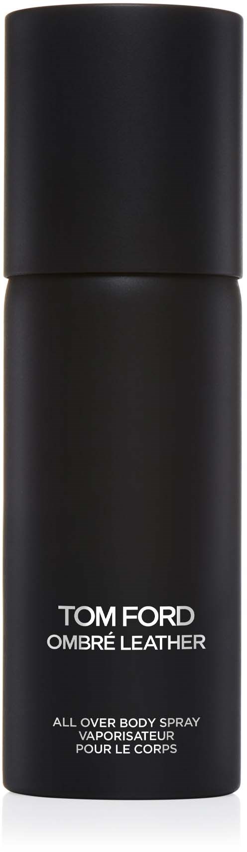 Zwarte sprayfles met label Tom Ford Ombré Leather, gebruikt voor lichaamsgeur.