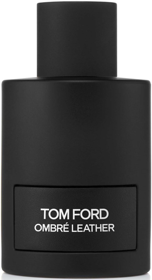 Eine schwarze Parfüflasche mit einfachem, elegantem Design, beschriftet Tom Ford Ombré Leather.