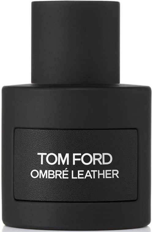 Een zwarte fles Tom Ford Ombré Leather parfum met een eenvoudig, modern ontwerp.