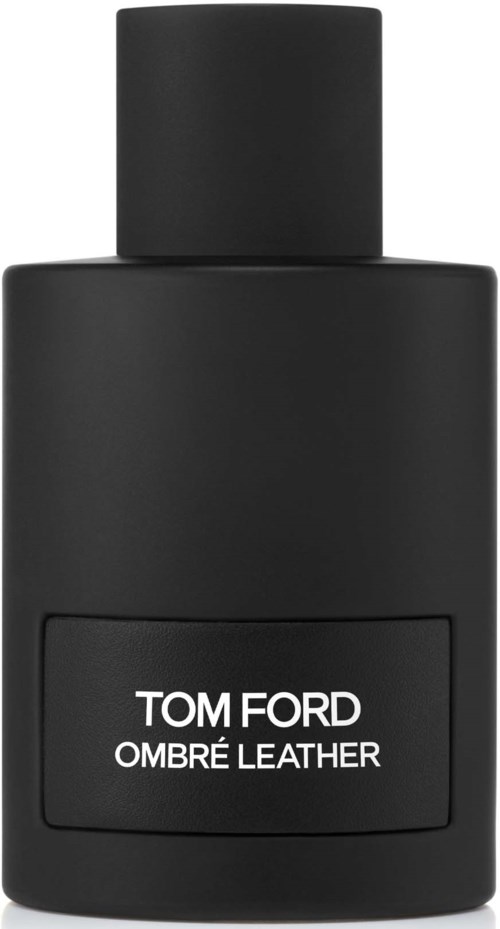 Eine schwarze Flasche mit schwarzem Deckel, beschriftet mit 'TOM FORD OMBRÉ LEATHER' in weißem Text.