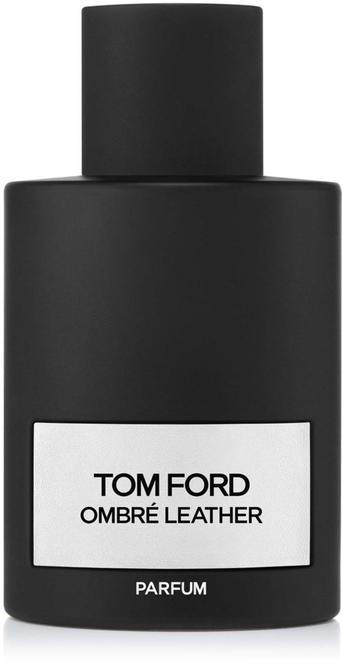 Eine schwarze Flasche mit einfachem Etikett, auf dem steht 'Tom Ford Ombré Leather Parfum'.