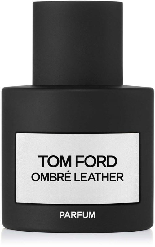Een zwart parfumflesje met een wit label dat zegt 'TOM FORD OMBRÉ LEATHER PARFUM' in zwarte tekst.