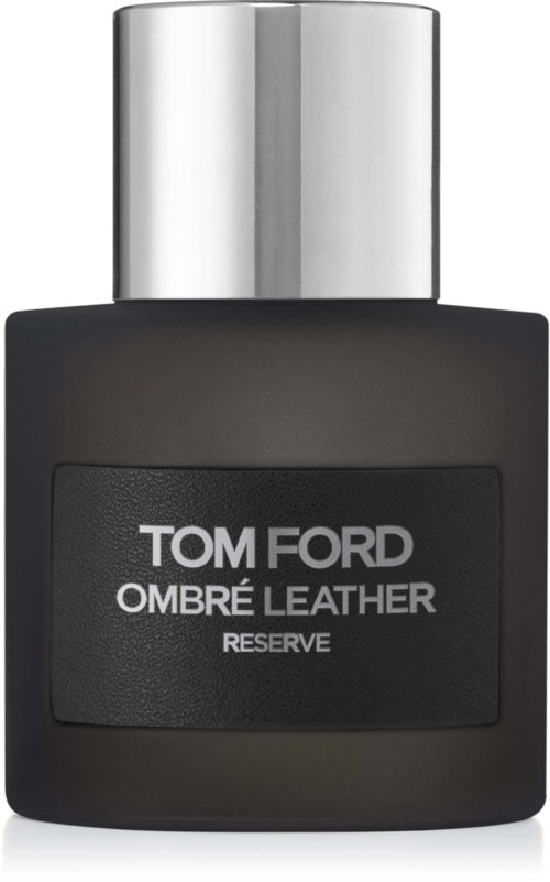 En svart Tom Ford Ombré Leather Reserve parfymflaska med silverlock.